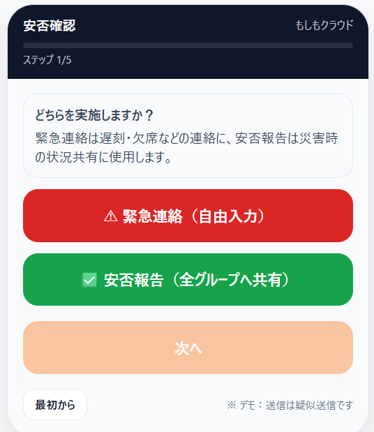 デモ画面（例：緊急連絡/安否）
